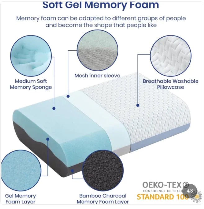 4 Inch Gel Memory Foam Cooling Bed Pillow with Removable Washable Pillowcase, Standard Size